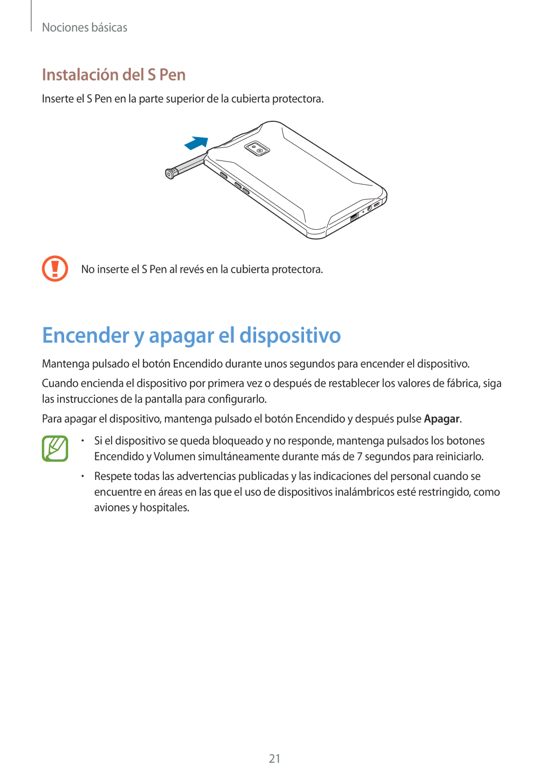 Samsung SM-T390NZKAPHE manual Encender y apagar el dispositivo, Instalación del S Pen 