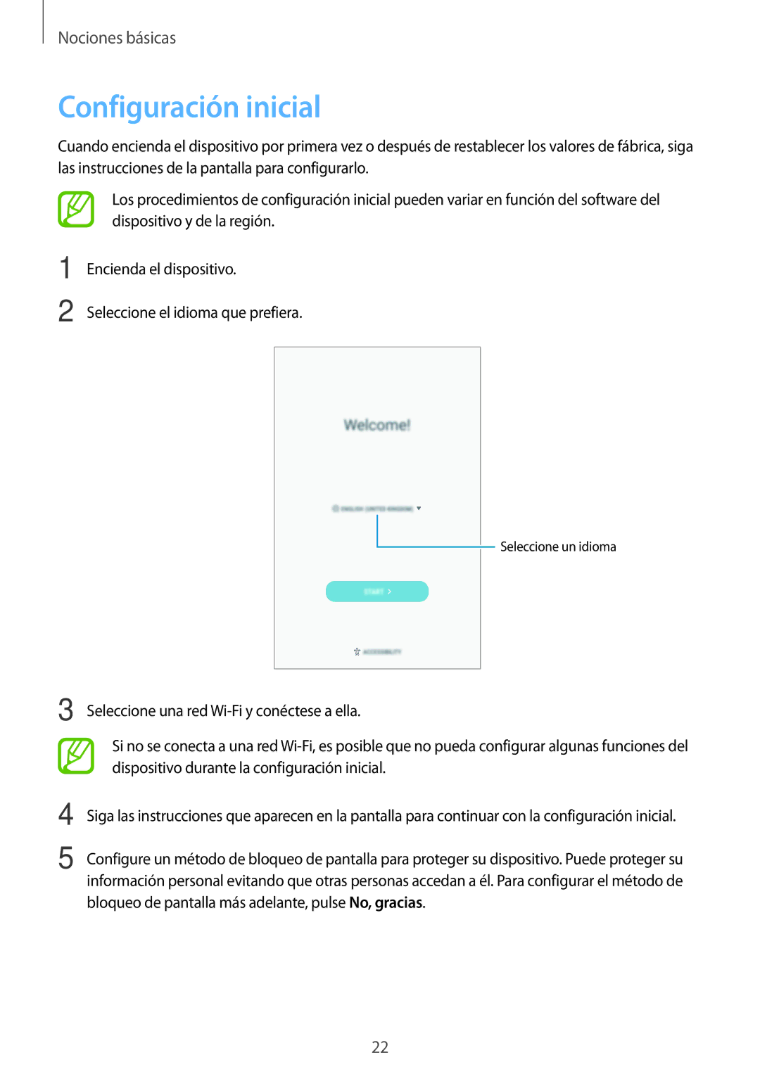 Samsung SM-T390NZKAPHE manual Configuración inicial 