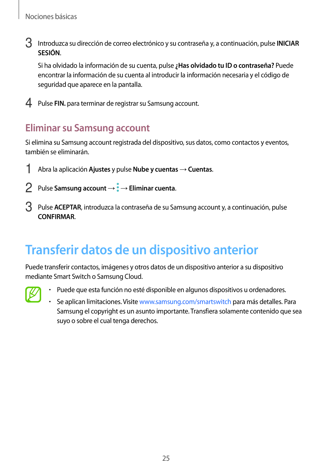 Samsung SM-T390NZKAPHE manual Transferir datos de un dispositivo anterior, Eliminar su Samsung account 