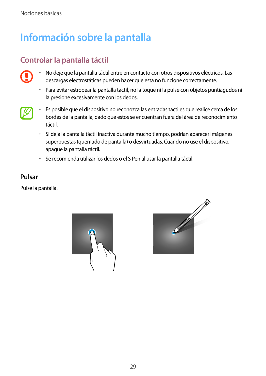 Samsung SM-T390NZKAPHE manual Información sobre la pantalla, Controlar la pantalla táctil, Pulsar, Pulse la pantalla 