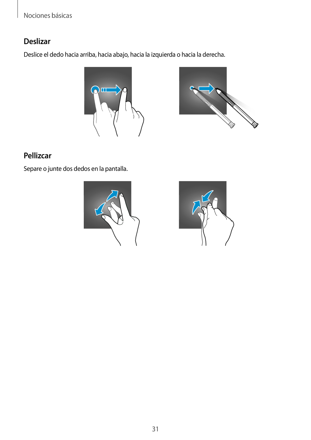 Samsung SM-T390NZKAPHE manual Deslizar, Pellizcar, Separe o junte dos dedos en la pantalla 