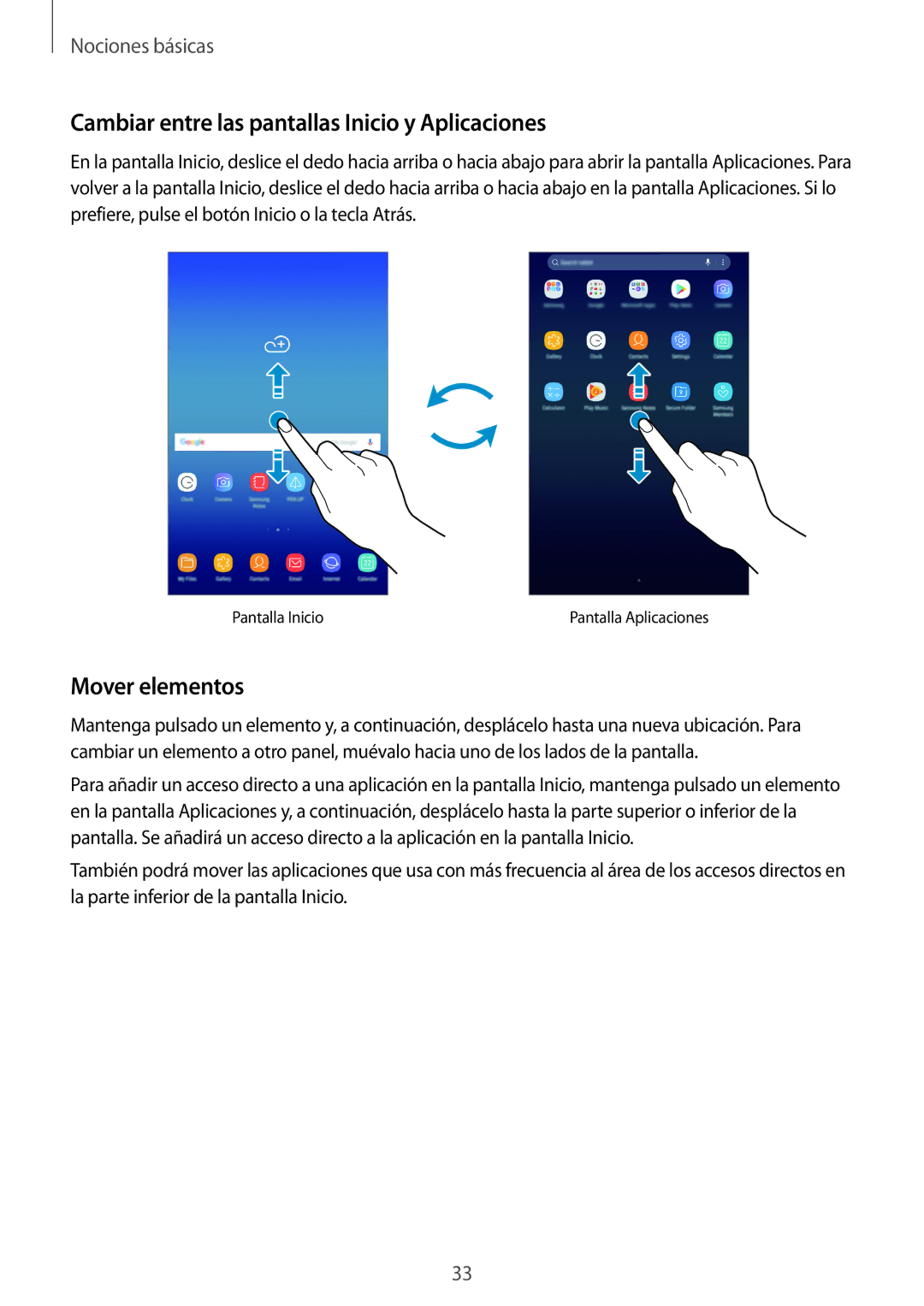 Samsung SM-T390NZKAPHE manual Cambiar entre las pantallas Inicio y Aplicaciones, Mover elementos 