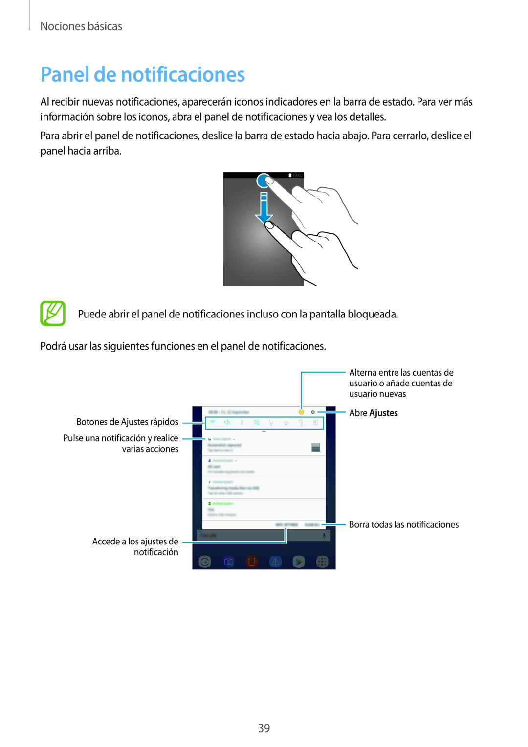 Samsung SM-T390NZKAPHE manual Panel de notificaciones, Botones de Ajustes rápidos 