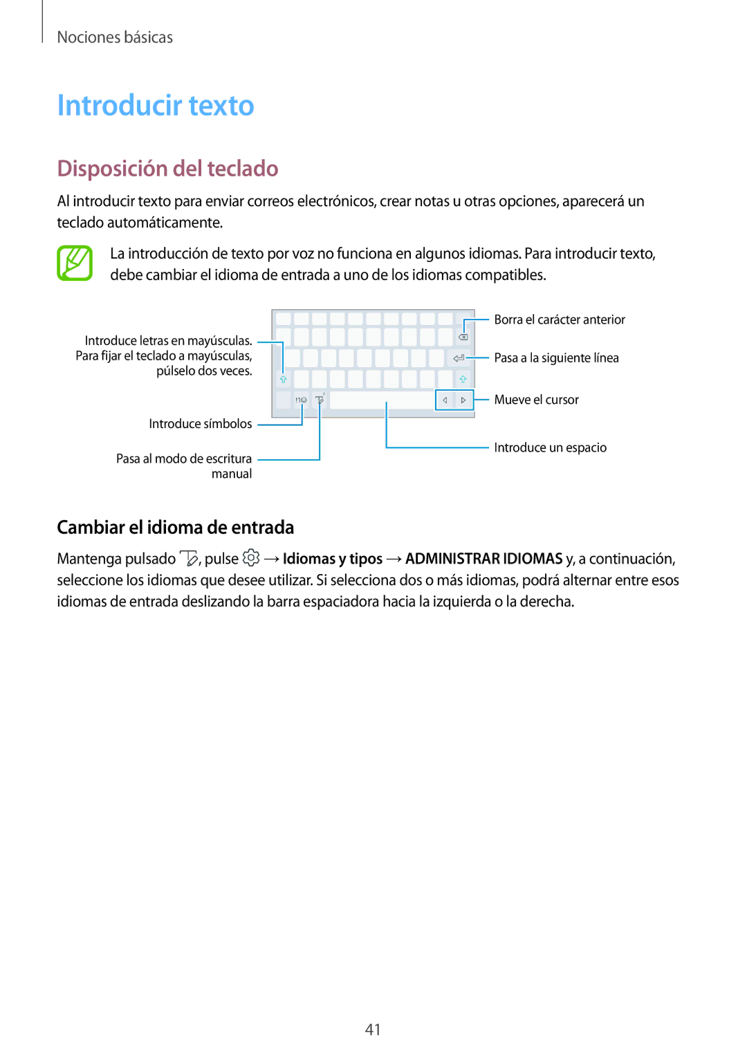 Samsung SM-T390NZKAPHE manual Introducir texto, Disposición del teclado, Cambiar el idioma de entrada 