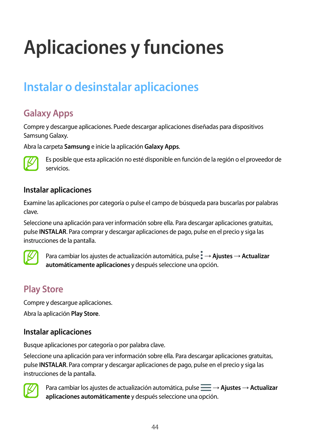 Samsung SM-T390NZKAPHE manual Instalar o desinstalar aplicaciones, Galaxy Apps, Play Store, Instalar aplicaciones 