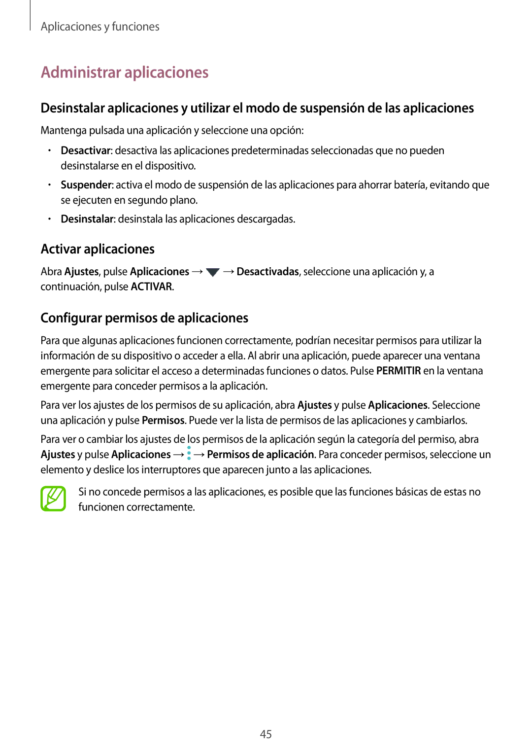 Samsung SM-T390NZKAPHE manual Administrar aplicaciones, Activar aplicaciones, Configurar permisos de aplicaciones 