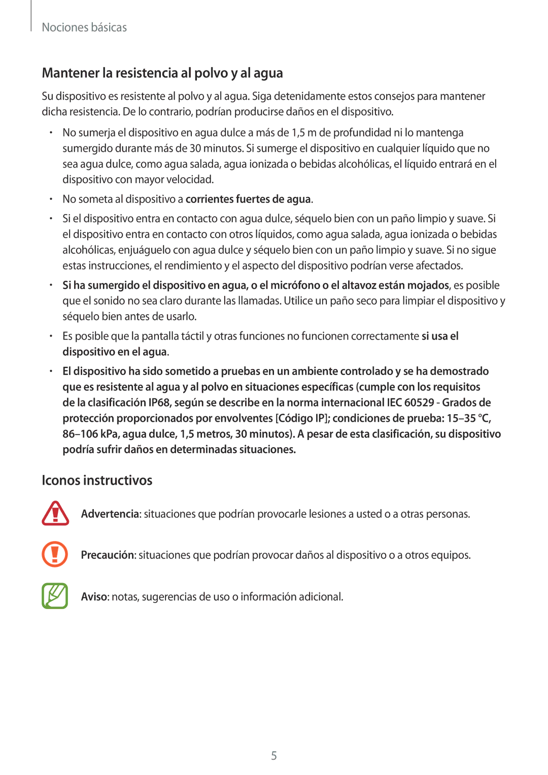 Samsung SM-T390NZKAPHE manual Mantener la resistencia al polvo y al agua, Iconos instructivos 