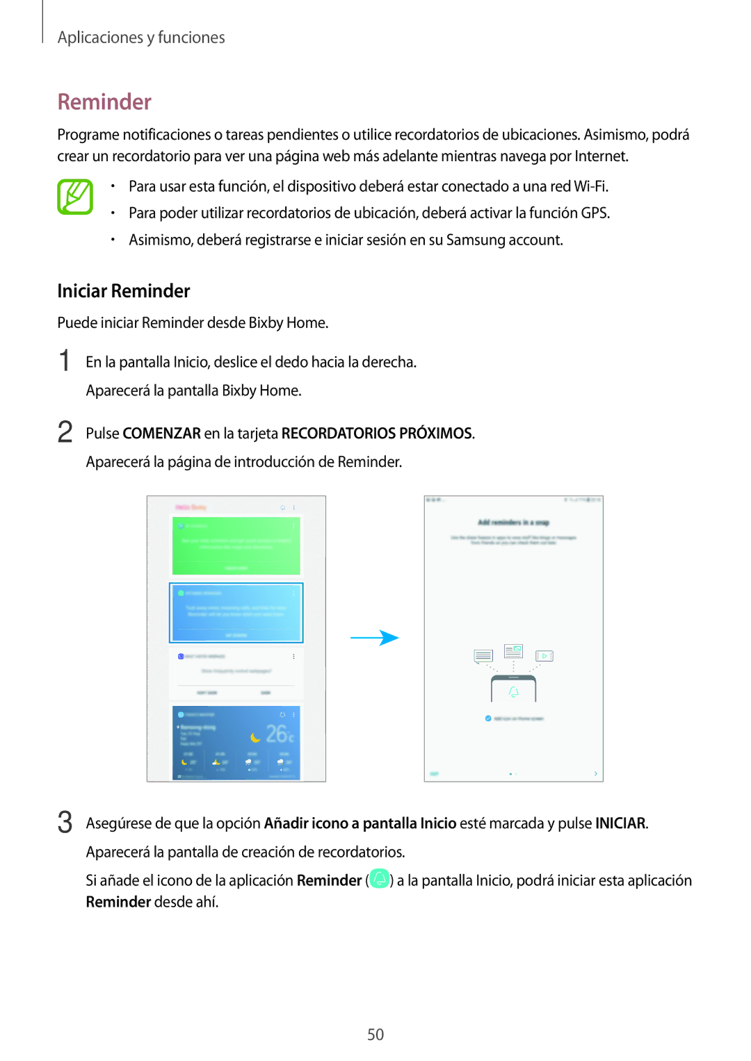 Samsung SM-T390NZKAPHE manual Iniciar Reminder, Pulse Comenzar en la tarjeta Recordatorios Próximos 