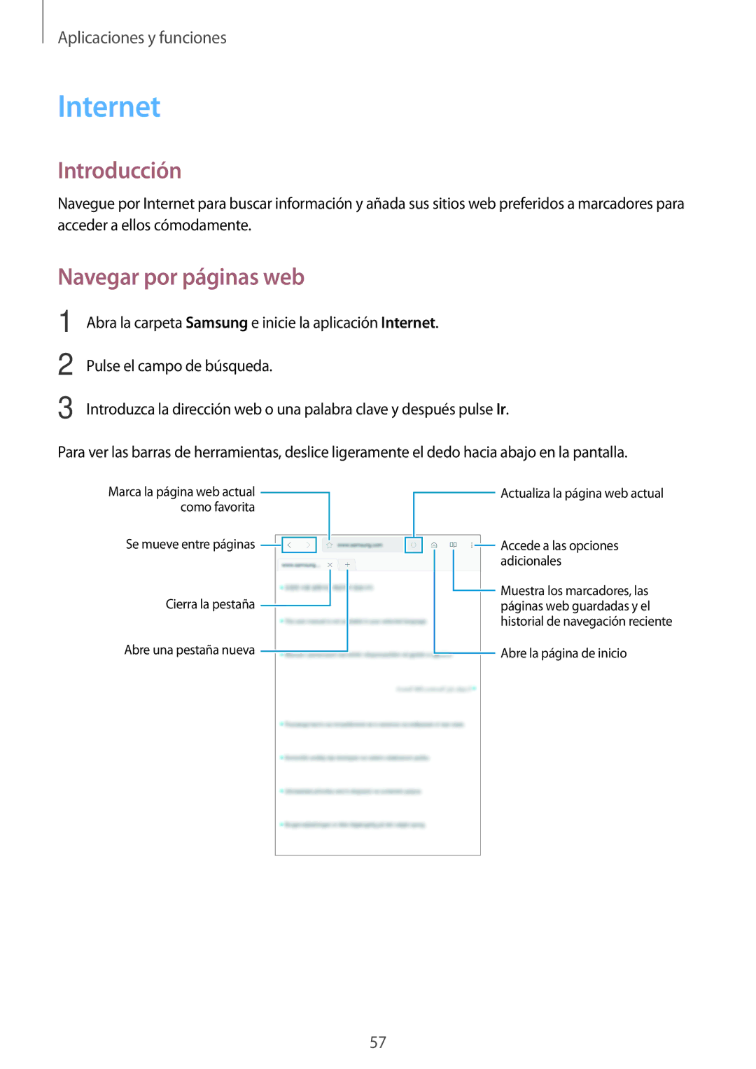 Samsung SM-T390NZKAPHE manual Internet, Navegar por páginas web 