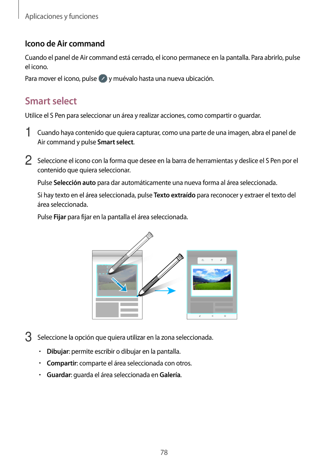 Samsung SM-T390NZKAPHE manual Icono de Air command, Air command y pulse Smart select, Contenido que quiera seleccionar 