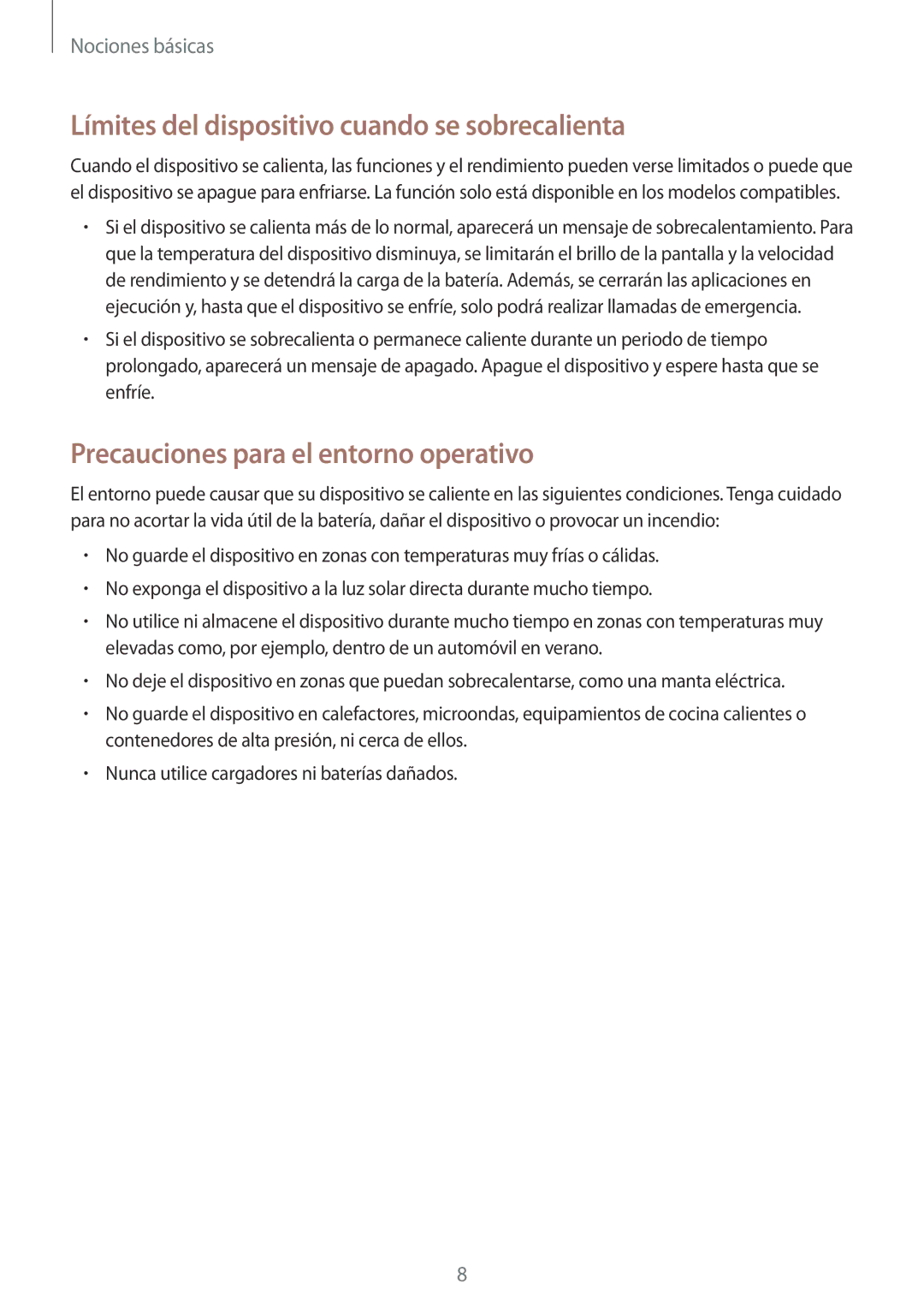 Samsung SM-T390NZKAPHE manual Límites del dispositivo cuando se sobrecalienta, Precauciones para el entorno operativo 