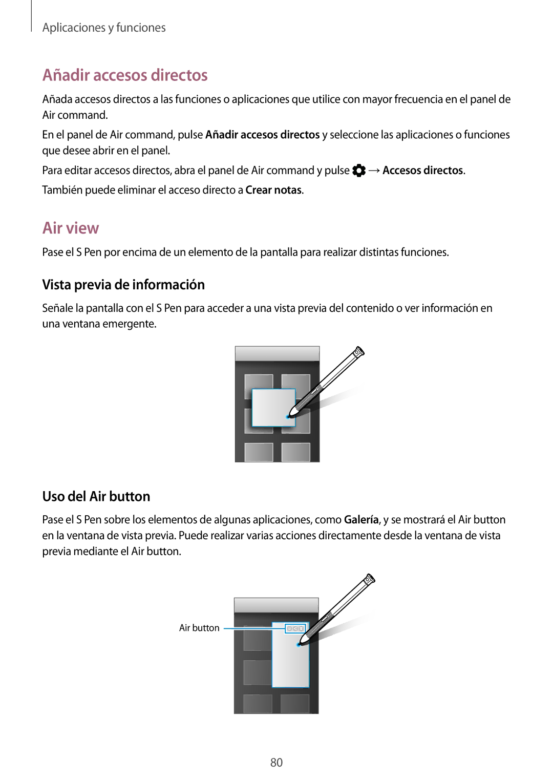 Samsung SM-T390NZKAPHE manual Añadir accesos directos, Air view, Vista previa de información, Uso del Air button 