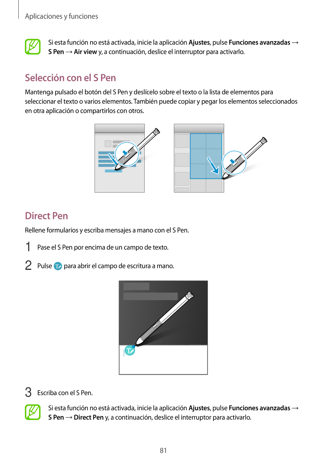 Samsung SM-T390NZKAPHE manual Selección con el S Pen, Direct Pen 