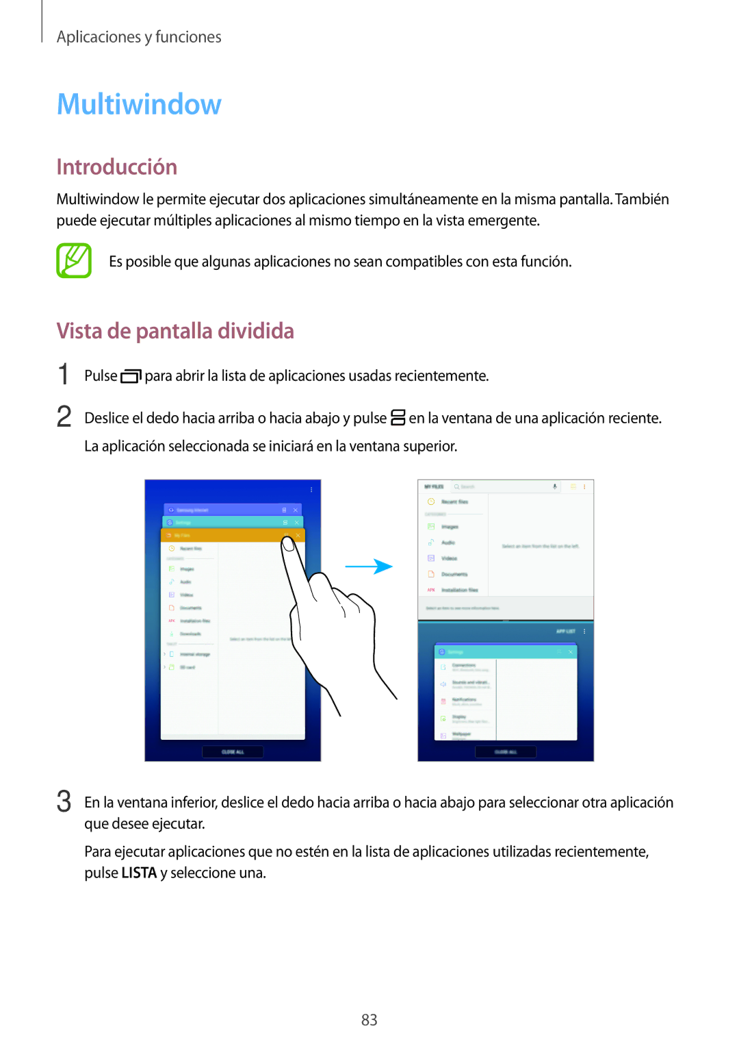 Samsung SM-T390NZKAPHE manual Multiwindow, Vista de pantalla dividida 