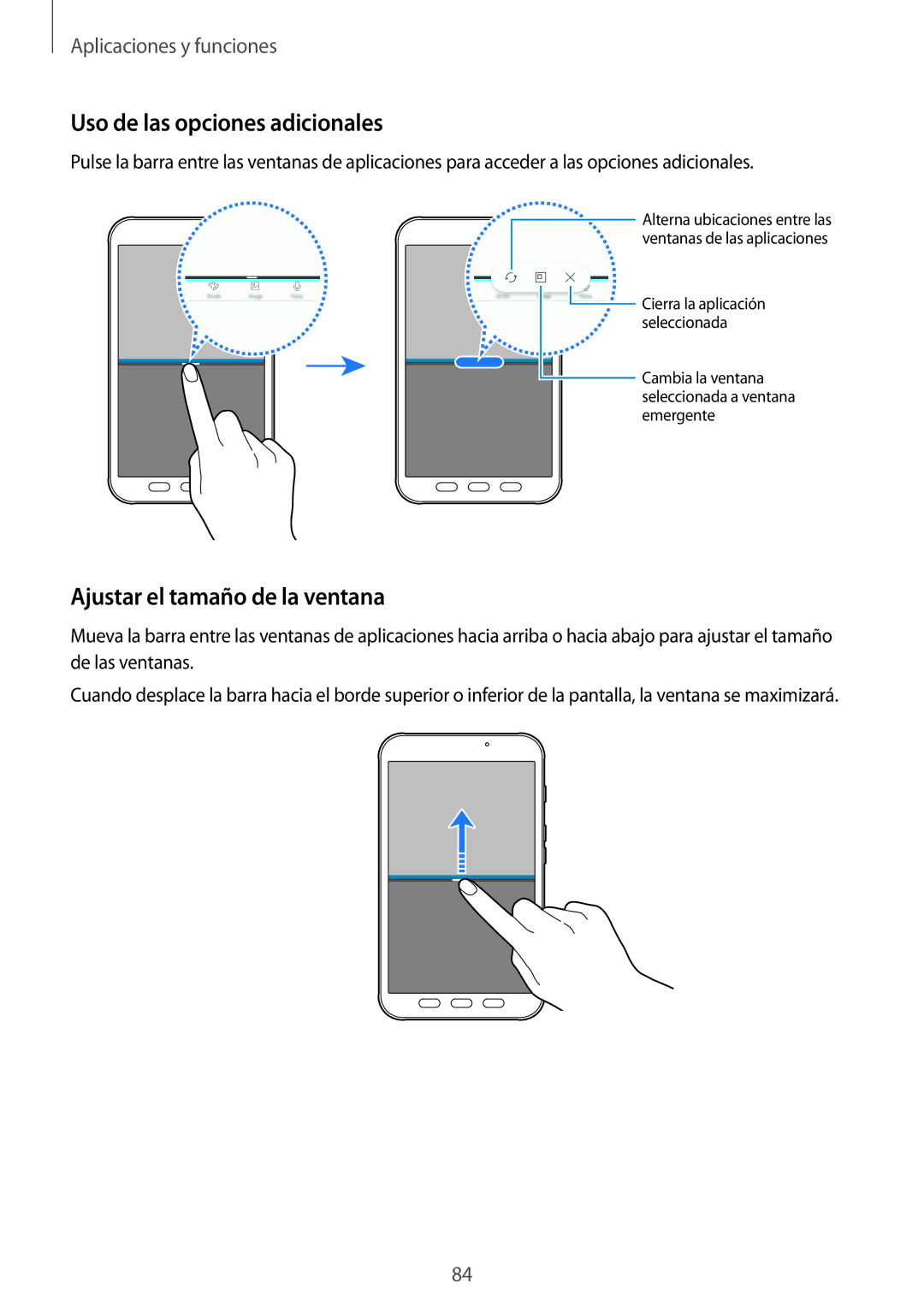 Samsung SM-T390NZKAPHE manual Uso de las opciones adicionales, Ajustar el tamaño de la ventana 