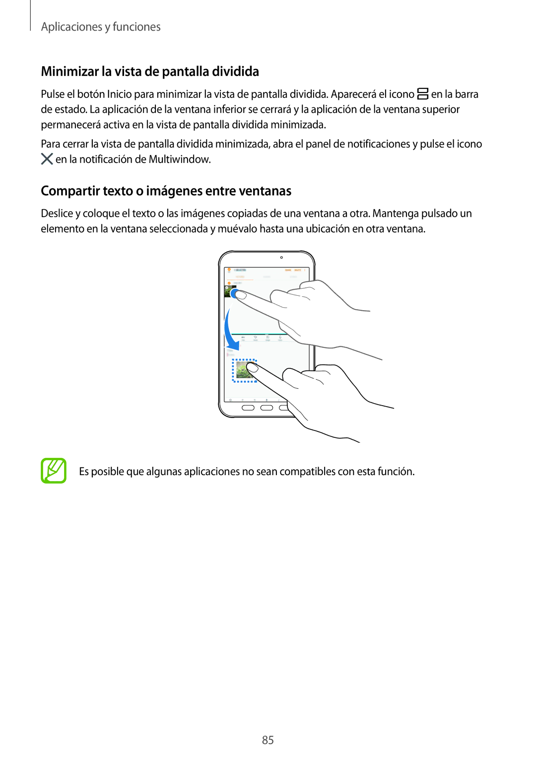 Samsung SM-T390NZKAPHE manual Minimizar la vista de pantalla dividida, Compartir texto o imágenes entre ventanas 