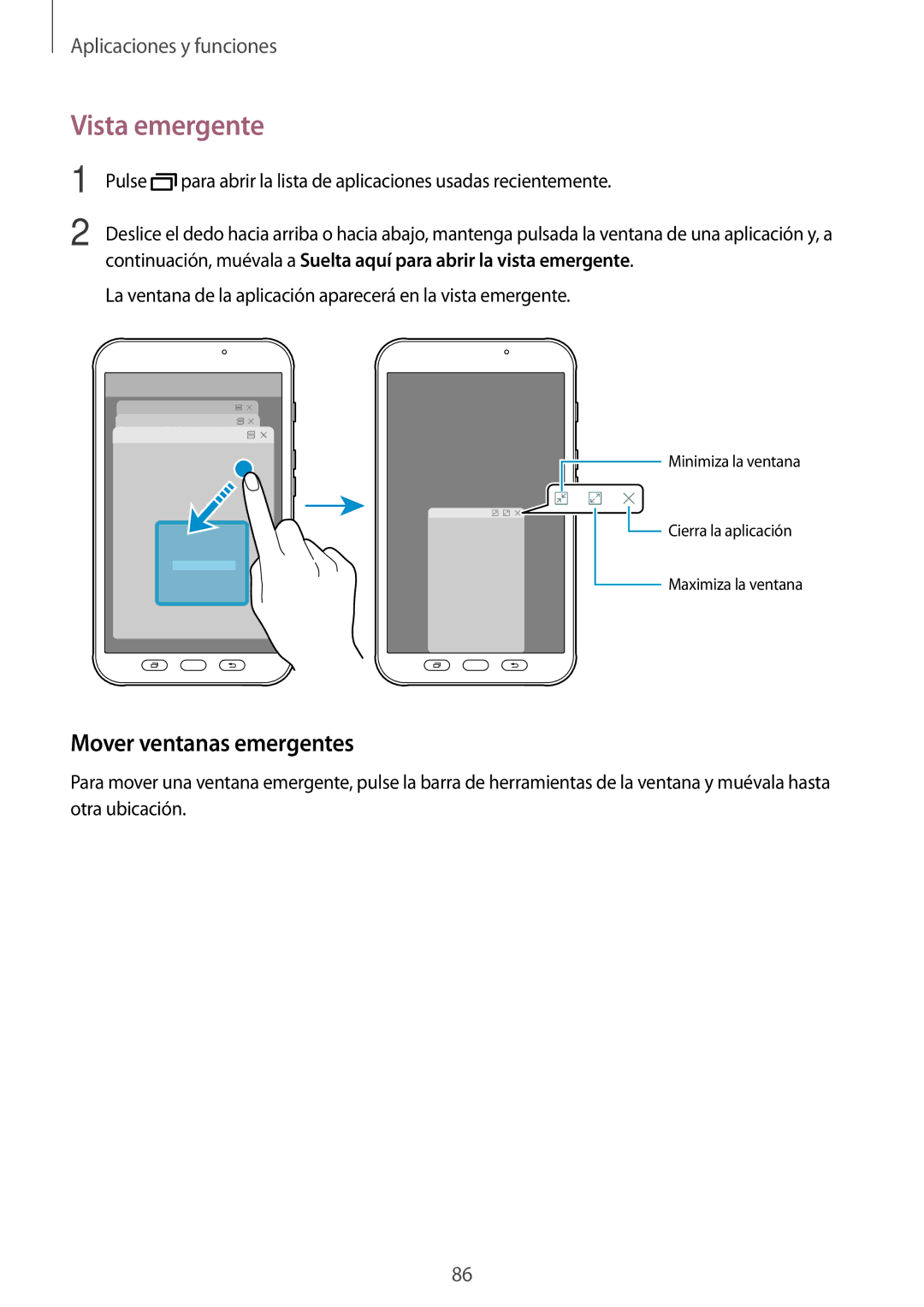 Samsung SM-T390NZKAPHE manual Vista emergente, Mover ventanas emergentes 