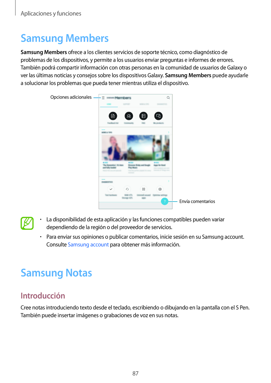 Samsung SM-T390NZKAPHE manual Samsung Members, Samsung Notas 