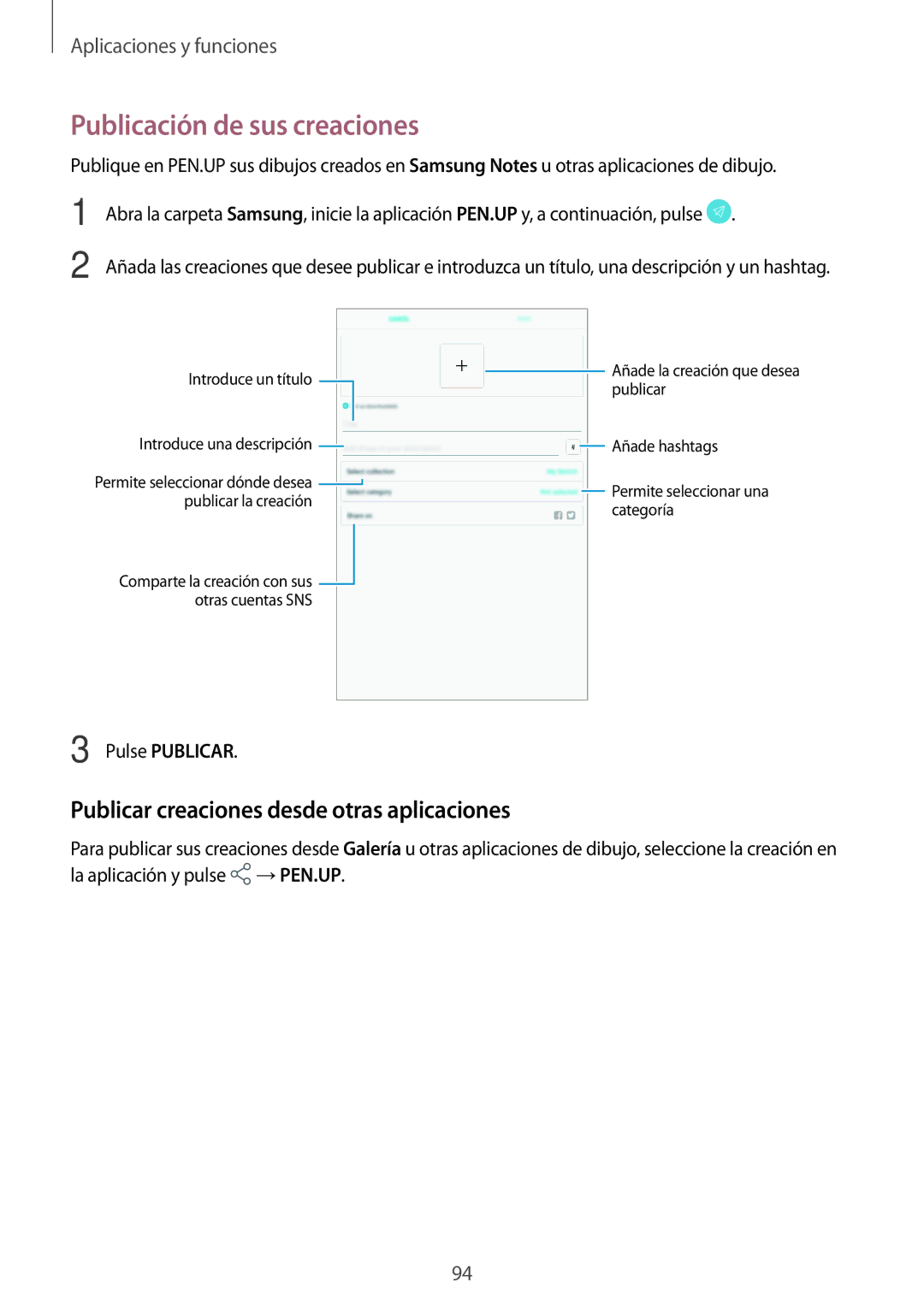 Samsung SM-T390NZKAPHE manual Publicación de sus creaciones, Publicar creaciones desde otras aplicaciones, Pulse Publicar 