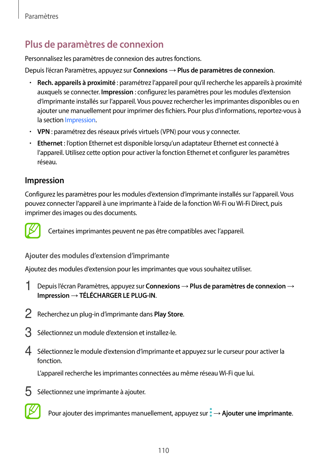 Samsung SM-T390NZKAXEF manual Plus de paramètres de connexion, Impression, Ajouter des modules d’extension d’imprimante 
