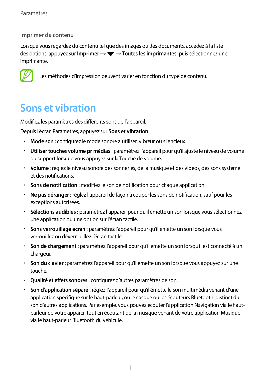 Samsung SM-T390NZKAXEF manual Sons et vibration, Imprimer du contenu 