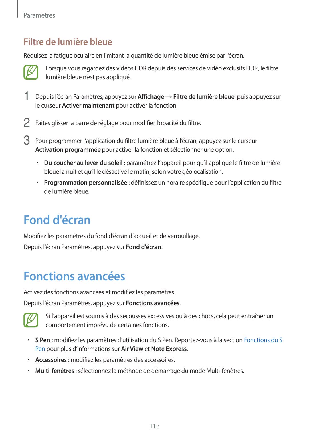 Samsung SM-T390NZKAXEF manual Fond décran, Fonctions avancées, Filtre de lumière bleue 