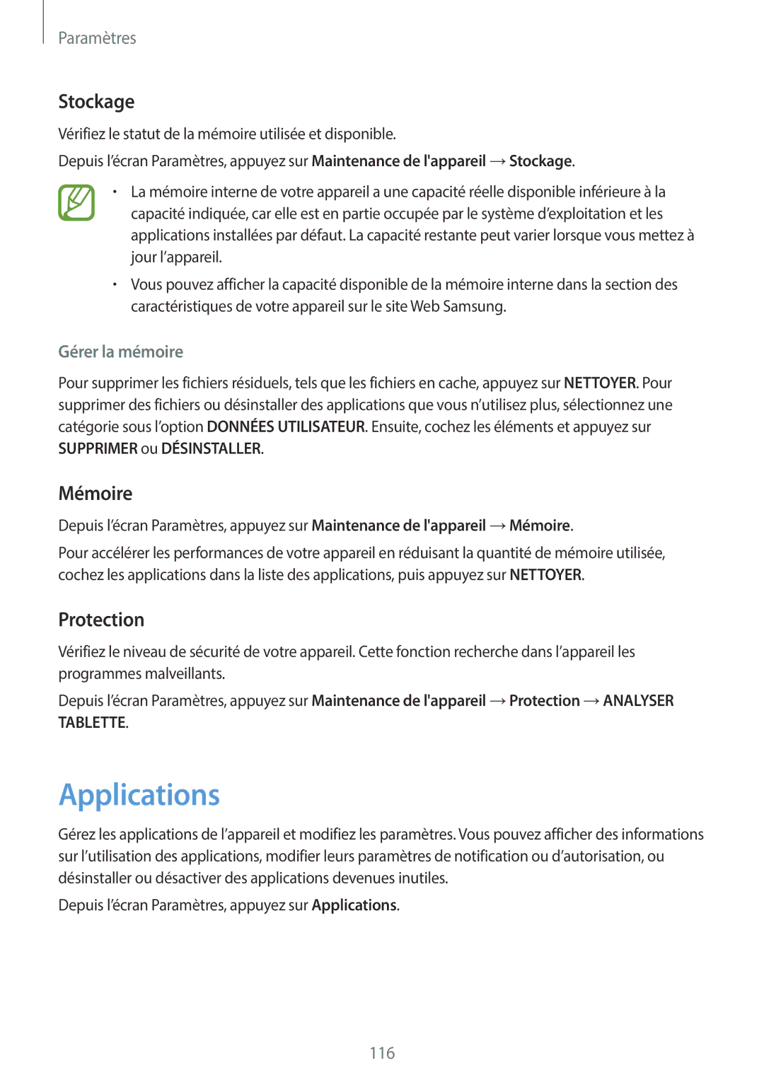 Samsung SM-T390NZKAXEF manual Applications, Stockage, Mémoire, Protection, Gérer la mémoire 