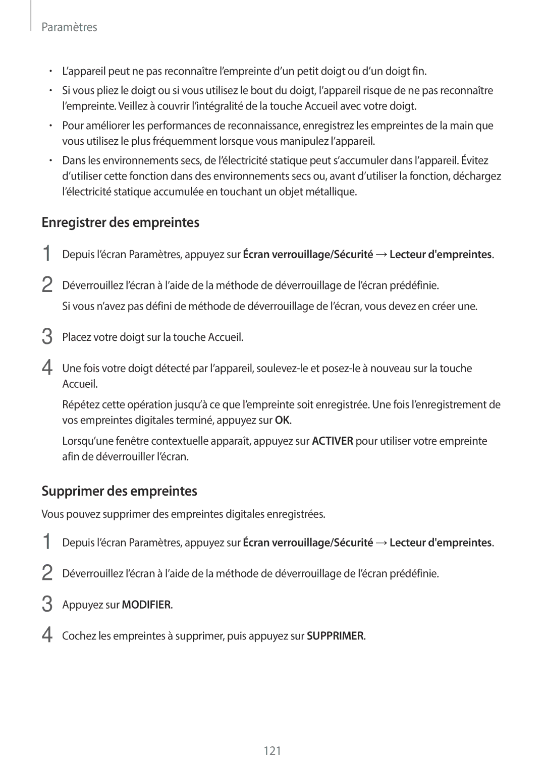 Samsung SM-T390NZKAXEF manual Enregistrer des empreintes, Supprimer des empreintes 