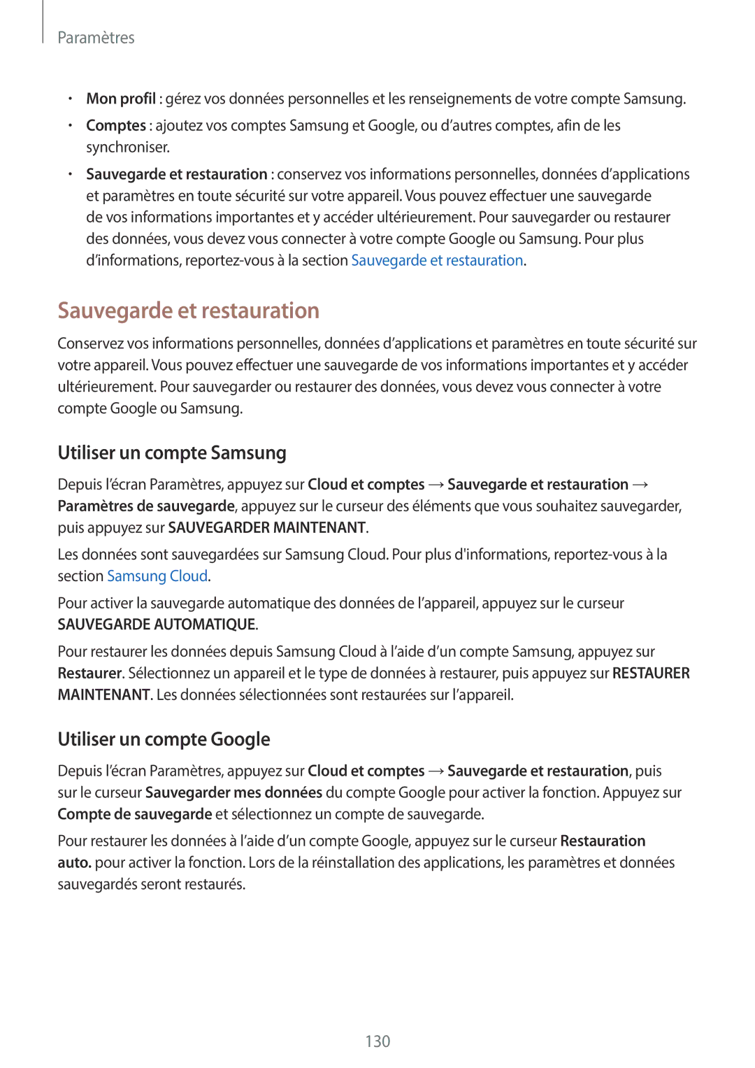 Samsung SM-T390NZKAXEF manual Sauvegarde et restauration, Utiliser un compte Samsung, Utiliser un compte Google 