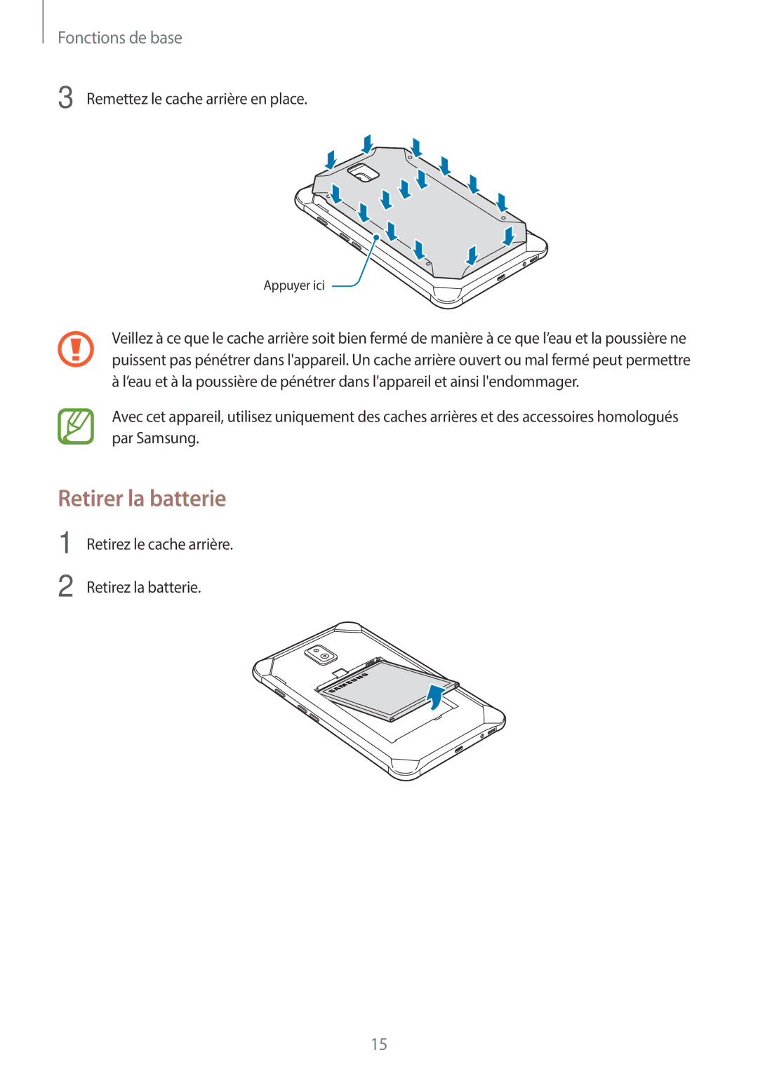 Samsung SM-T390NZKAXEF manual Retirer la batterie, Remettez le cache arrière en place 