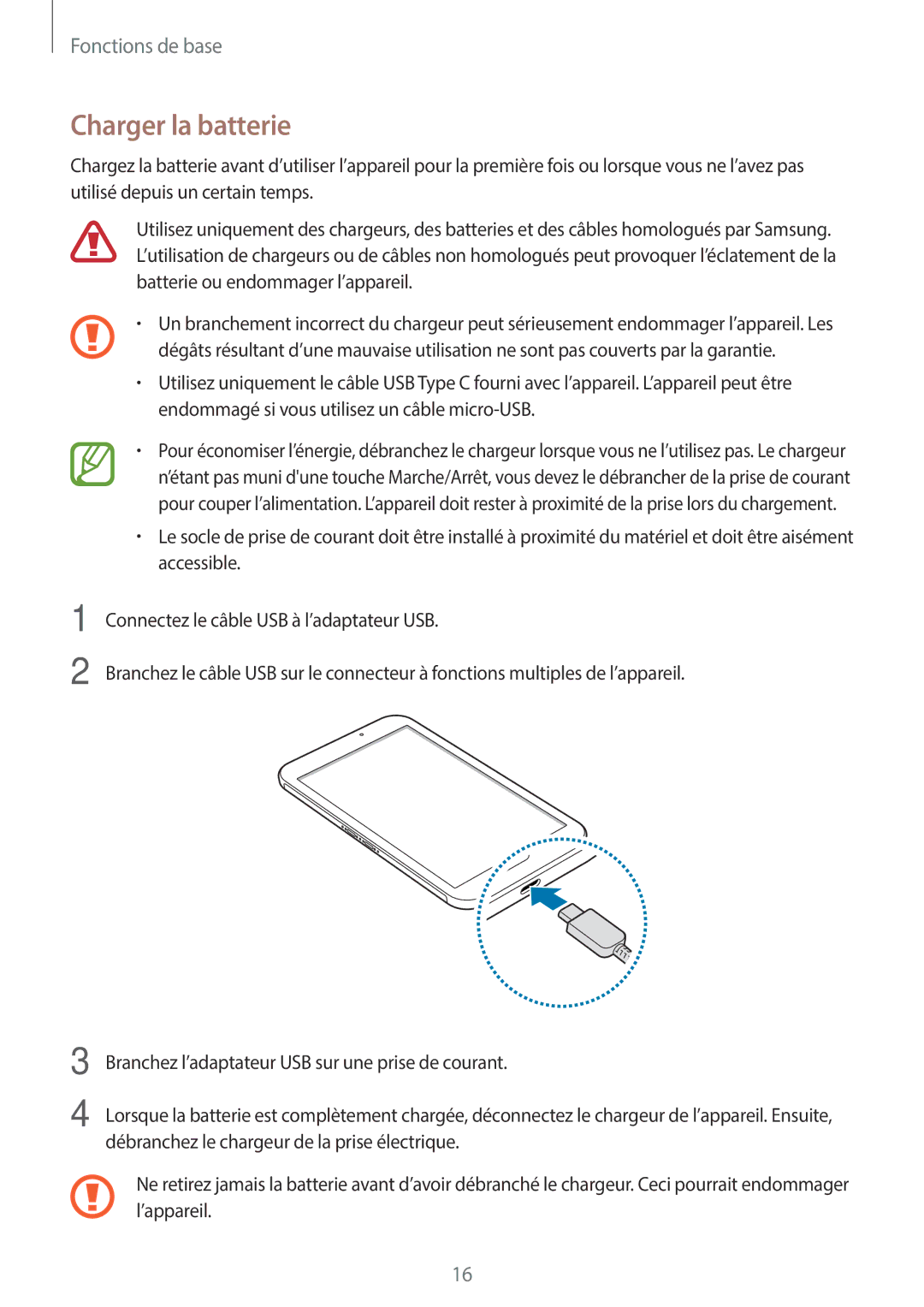 Samsung SM-T390NZKAXEF manual Charger la batterie 