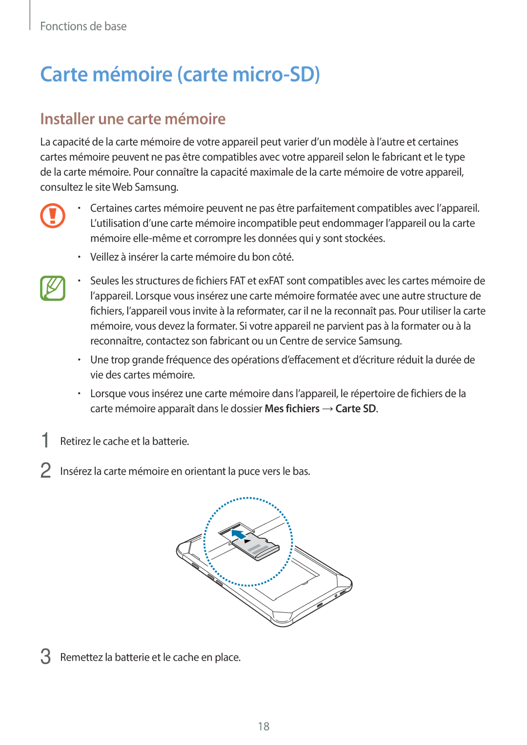 Samsung SM-T390NZKAXEF manual Carte mémoire carte micro-SD, Installer une carte mémoire 