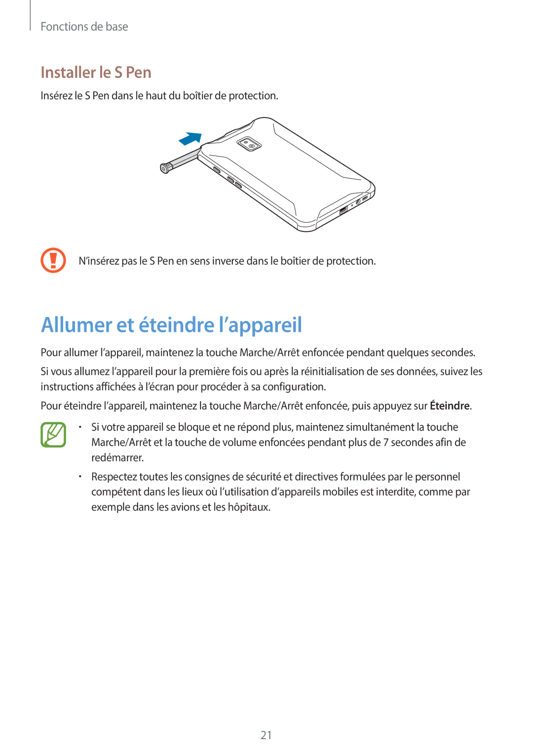 Samsung SM-T390NZKAXEF manual Allumer et éteindre l’appareil, Installer le S Pen 