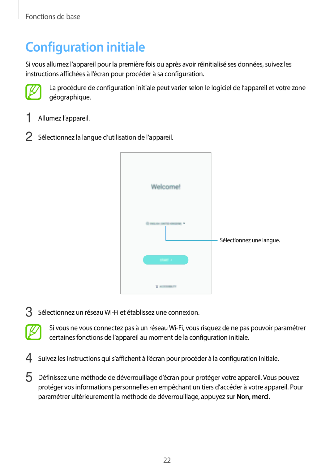 Samsung SM-T390NZKAXEF manual Configuration initiale 