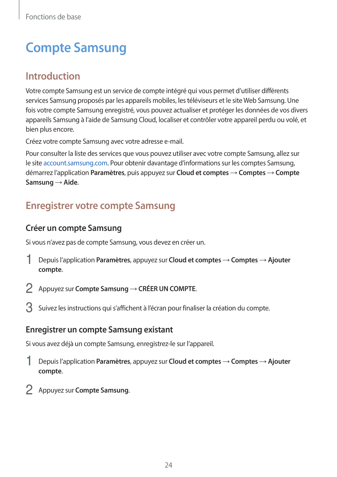 Samsung SM-T390NZKAXEF manual Compte Samsung, Introduction, Enregistrer votre compte Samsung, Créer un compte Samsung 