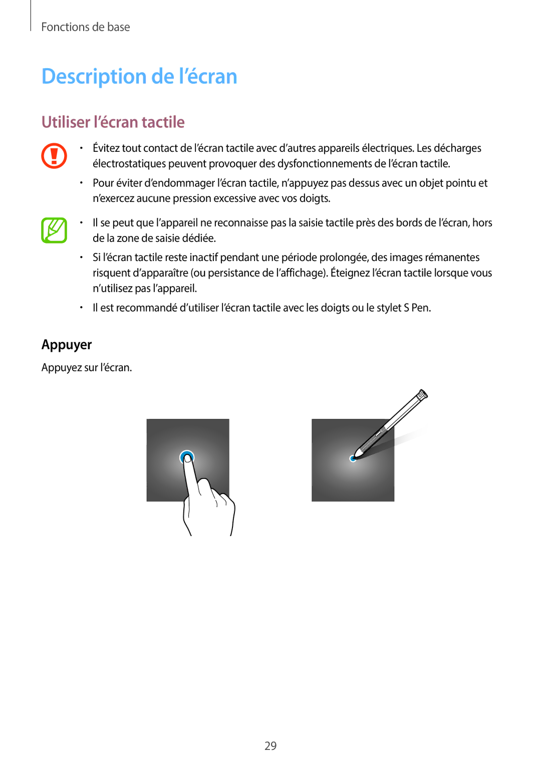 Samsung SM-T390NZKAXEF manual Description de l’écran, Utiliser l’écran tactile, Appuyer 