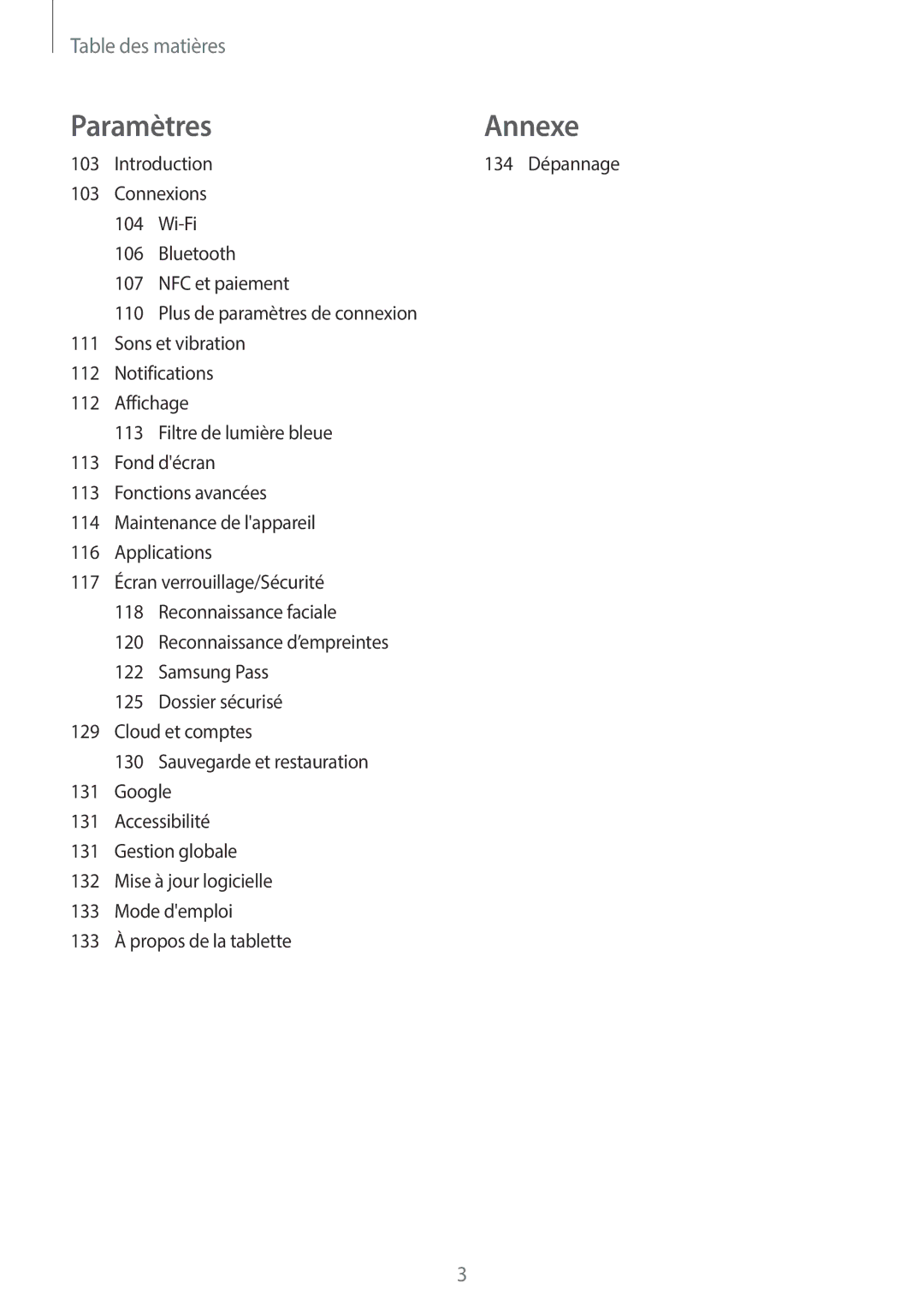 Samsung SM-T390NZKAXEF manual Paramètres Annexe 