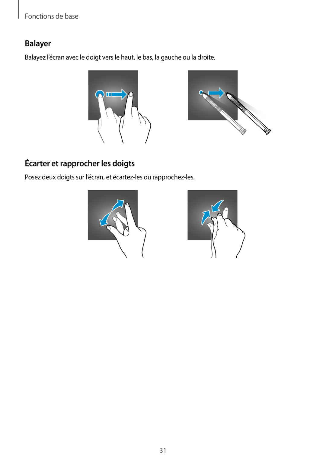 Samsung SM-T390NZKAXEF manual Balayer, Écarter et rapprocher les doigts 