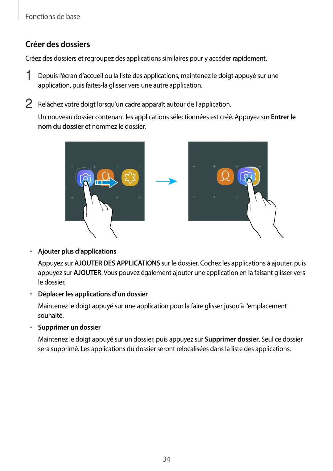 Samsung SM-T390NZKAXEF manual Créer des dossiers, Ajouter plus d’applications, Déplacer les applications d’un dossier 