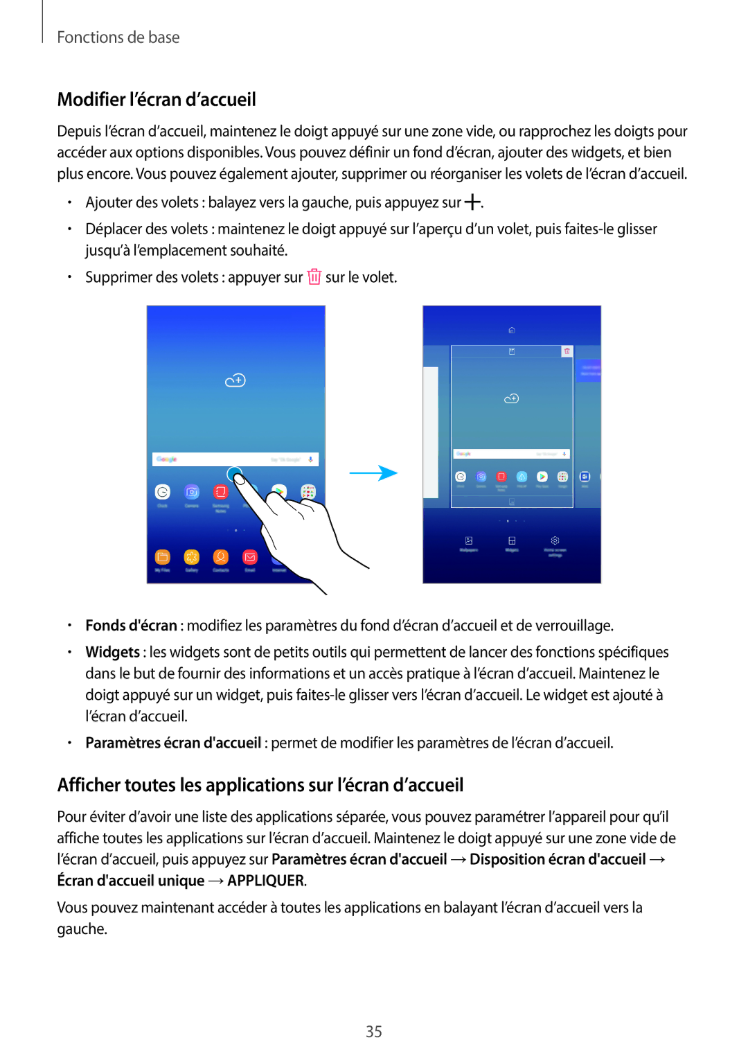 Samsung SM-T390NZKAXEF manual Modifier l’écran d’accueil, Afficher toutes les applications sur l’écran d’accueil 