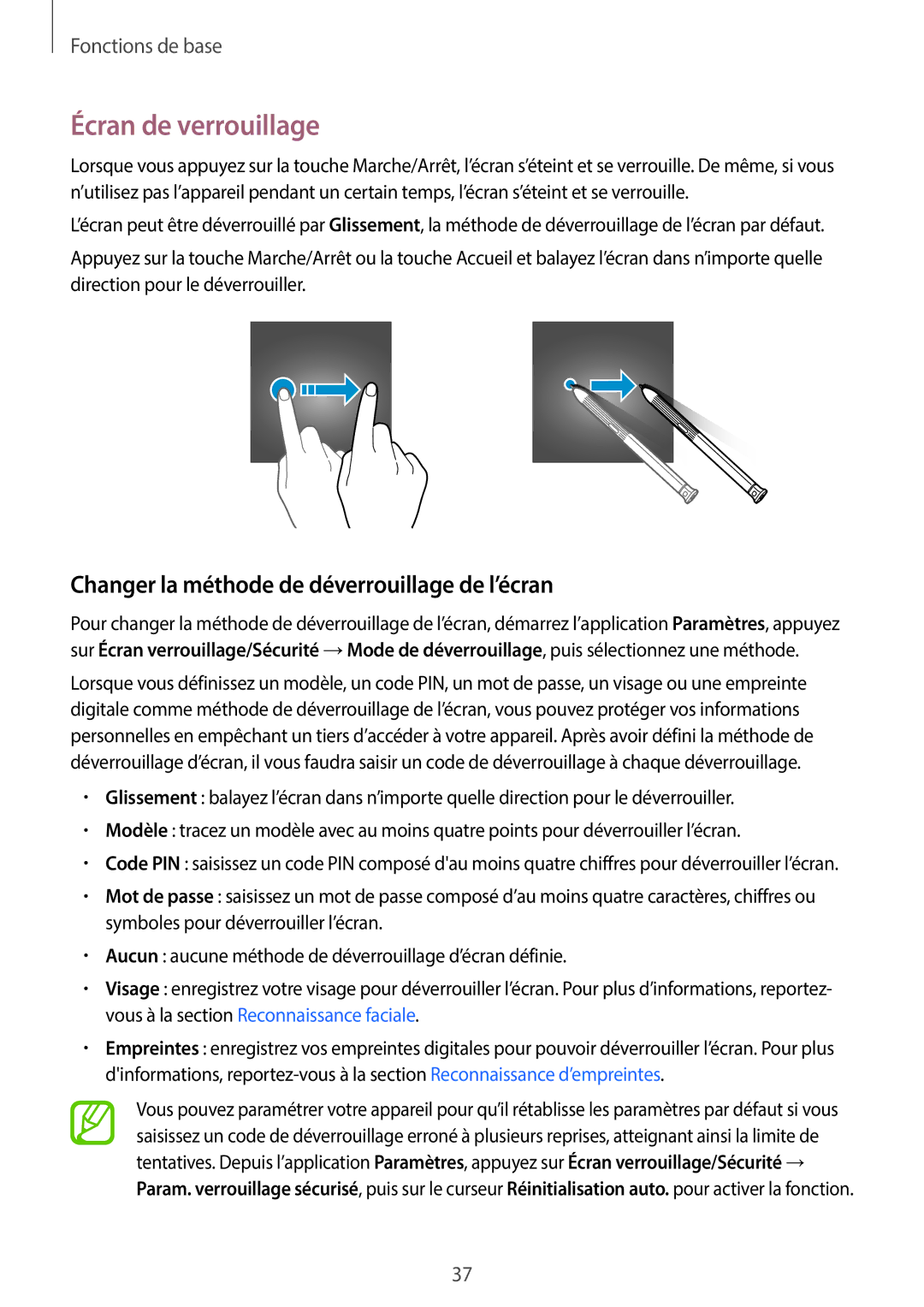 Samsung SM-T390NZKAXEF manual Écran de verrouillage, Changer la méthode de déverrouillage de l’écran 