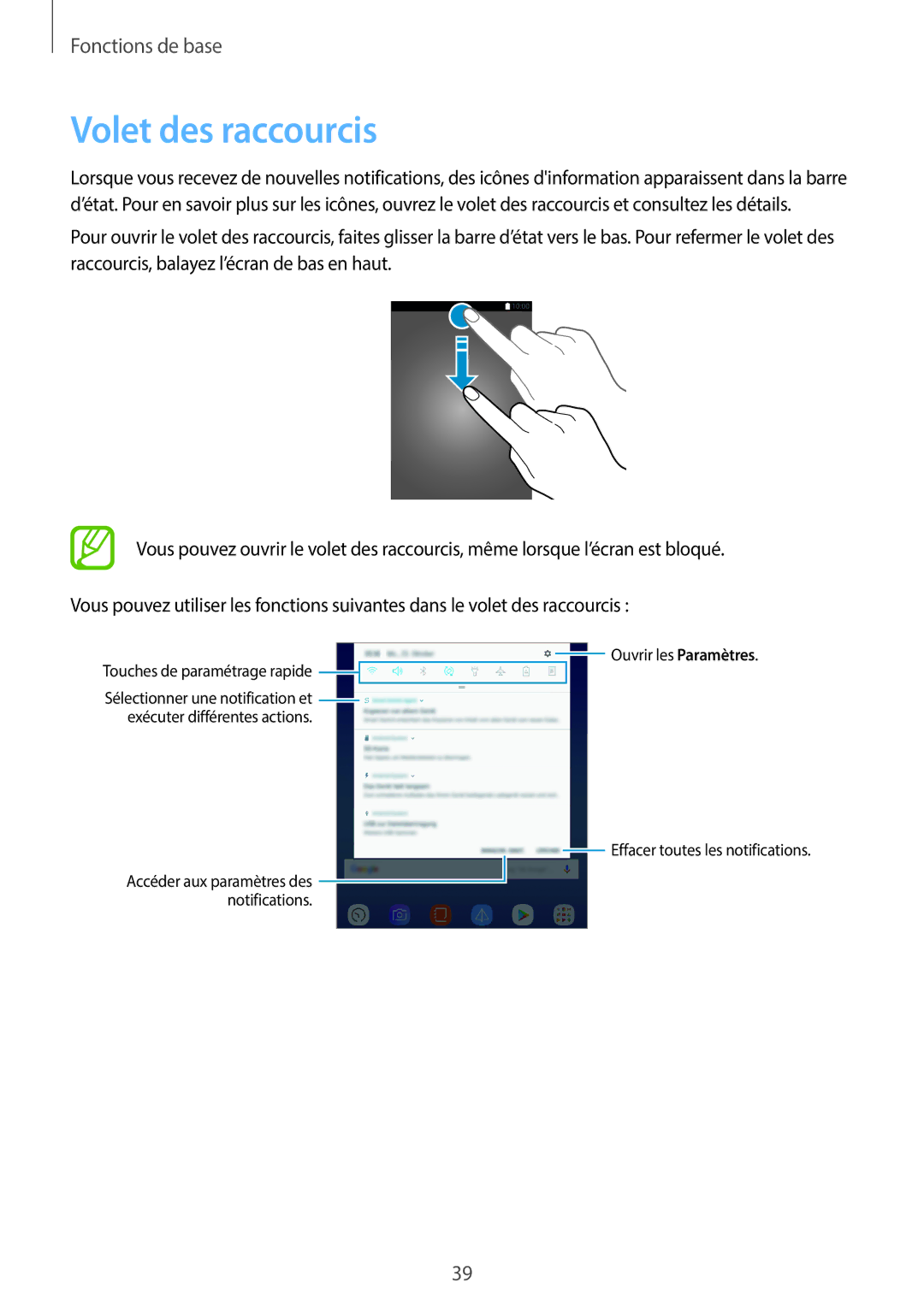 Samsung SM-T390NZKAXEF manual Volet des raccourcis, Touches de paramétrage rapide 