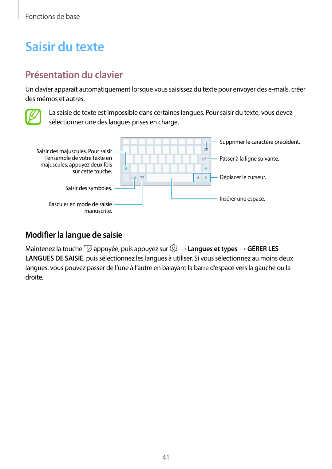 Samsung SM-T390NZKAXEF manual Saisir du texte, Présentation du clavier, Modifier la langue de saisie 