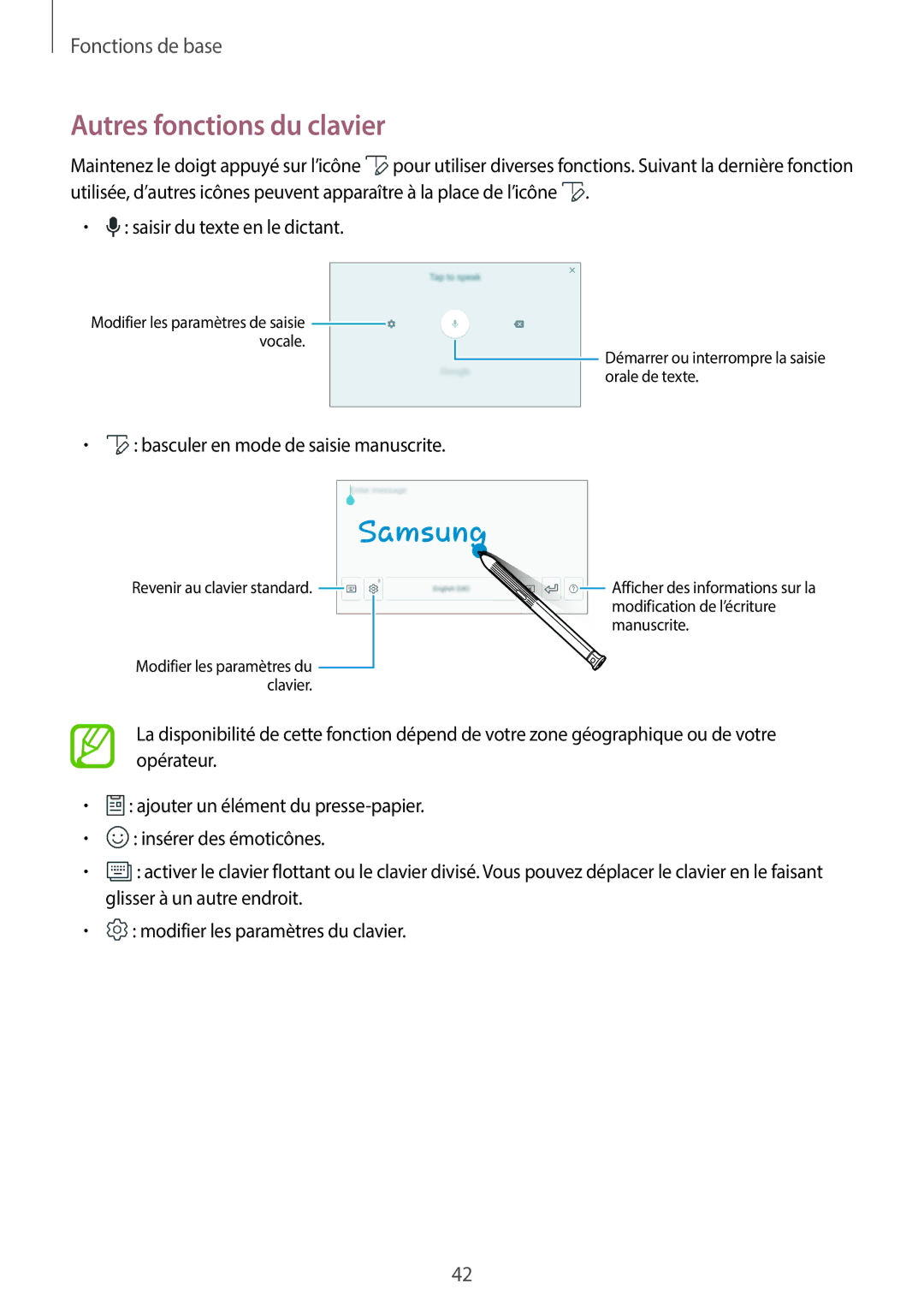 Samsung SM-T390NZKAXEF manual Autres fonctions du clavier, Basculer en mode de saisie manuscrite 