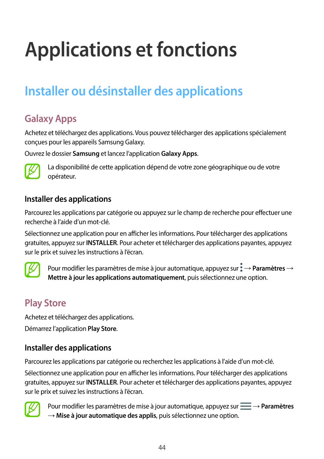 Samsung SM-T390NZKAXEF Installer ou désinstaller des applications, Galaxy Apps, Play Store, Installer des applications 