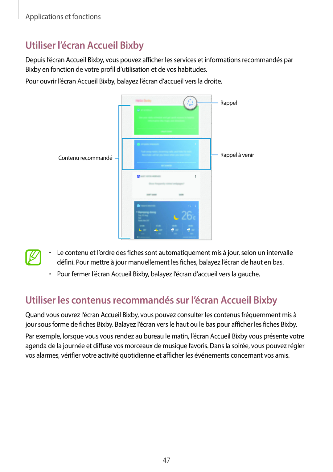 Samsung SM-T390NZKAXEF manual Utiliser l’écran Accueil Bixby, Utiliser les contenus recommandés sur l’écran Accueil Bixby 