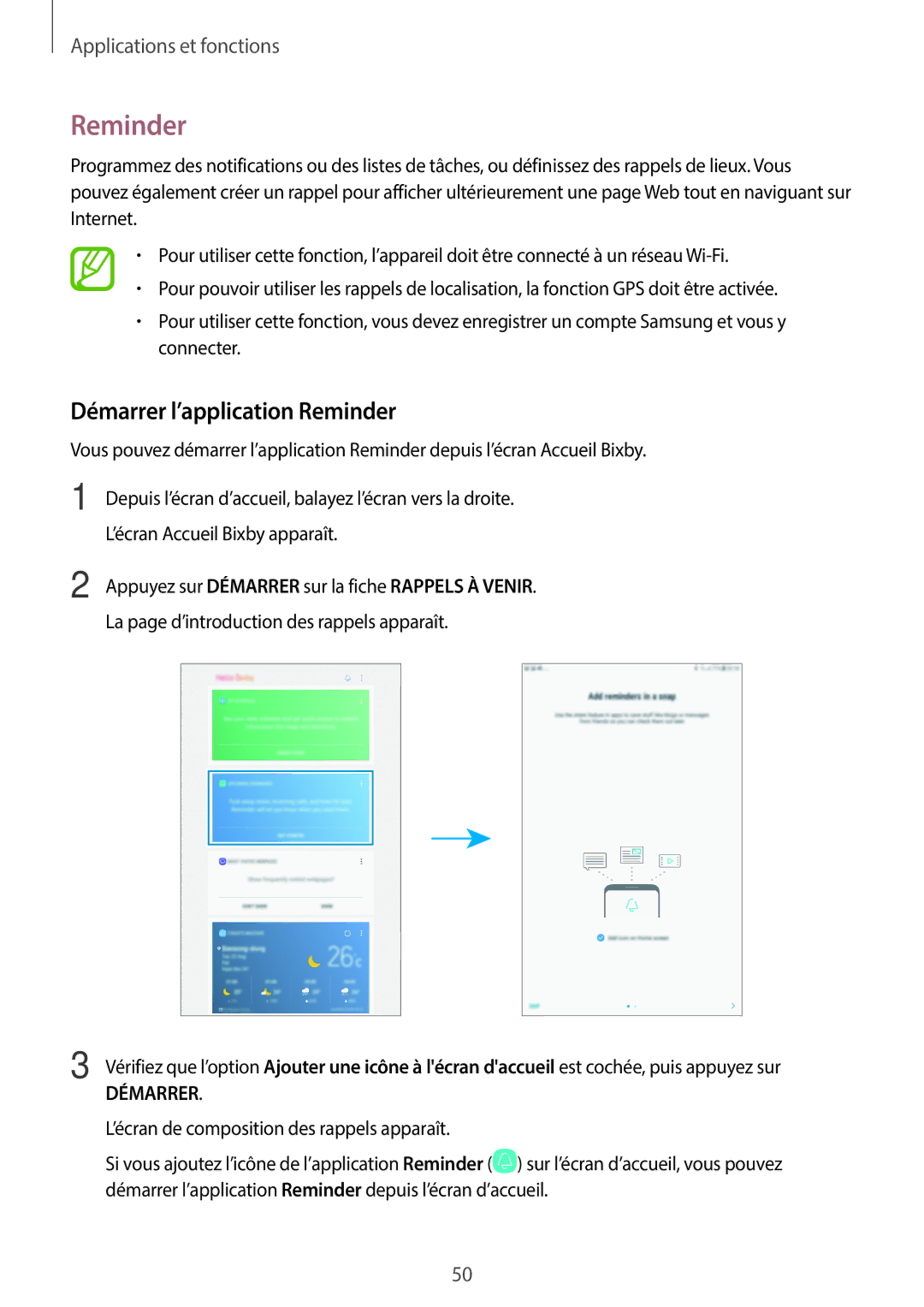 Samsung SM-T390NZKAXEF manual Démarrer l’application Reminder 