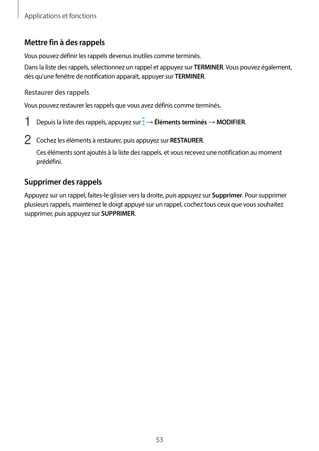 Samsung SM-T390NZKAXEF manual Mettre fin à des rappels, Supprimer des rappels, Restaurer des rappels 