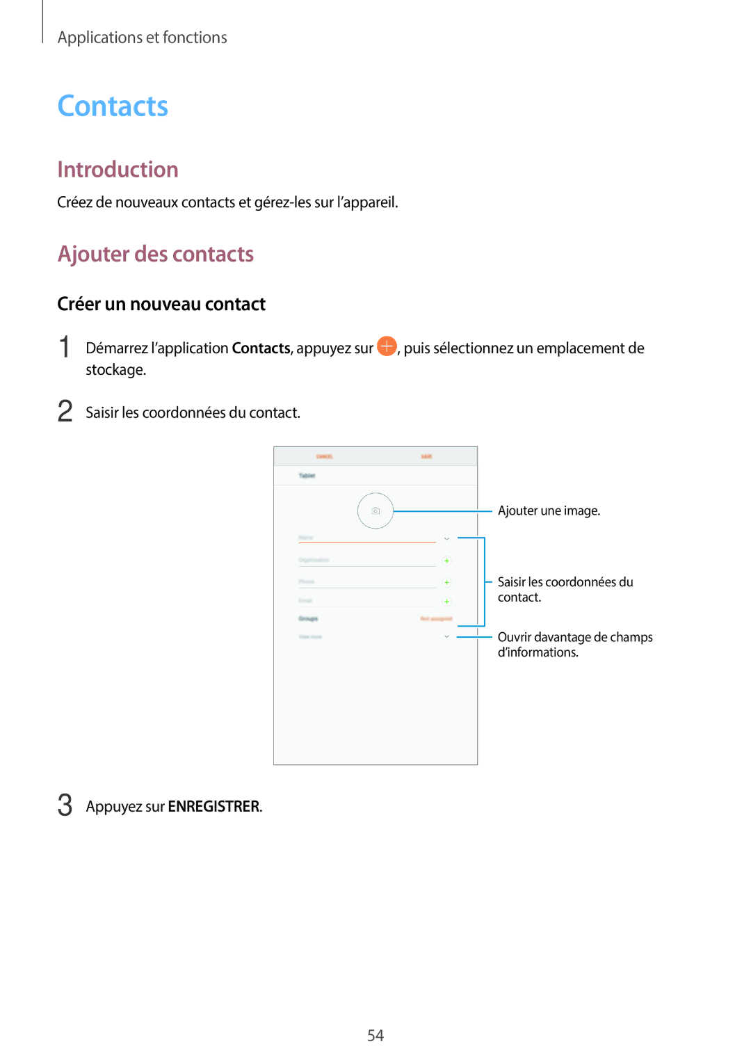 Samsung SM-T390NZKAXEF manual Contacts, Ajouter des contacts, Créer un nouveau contact 