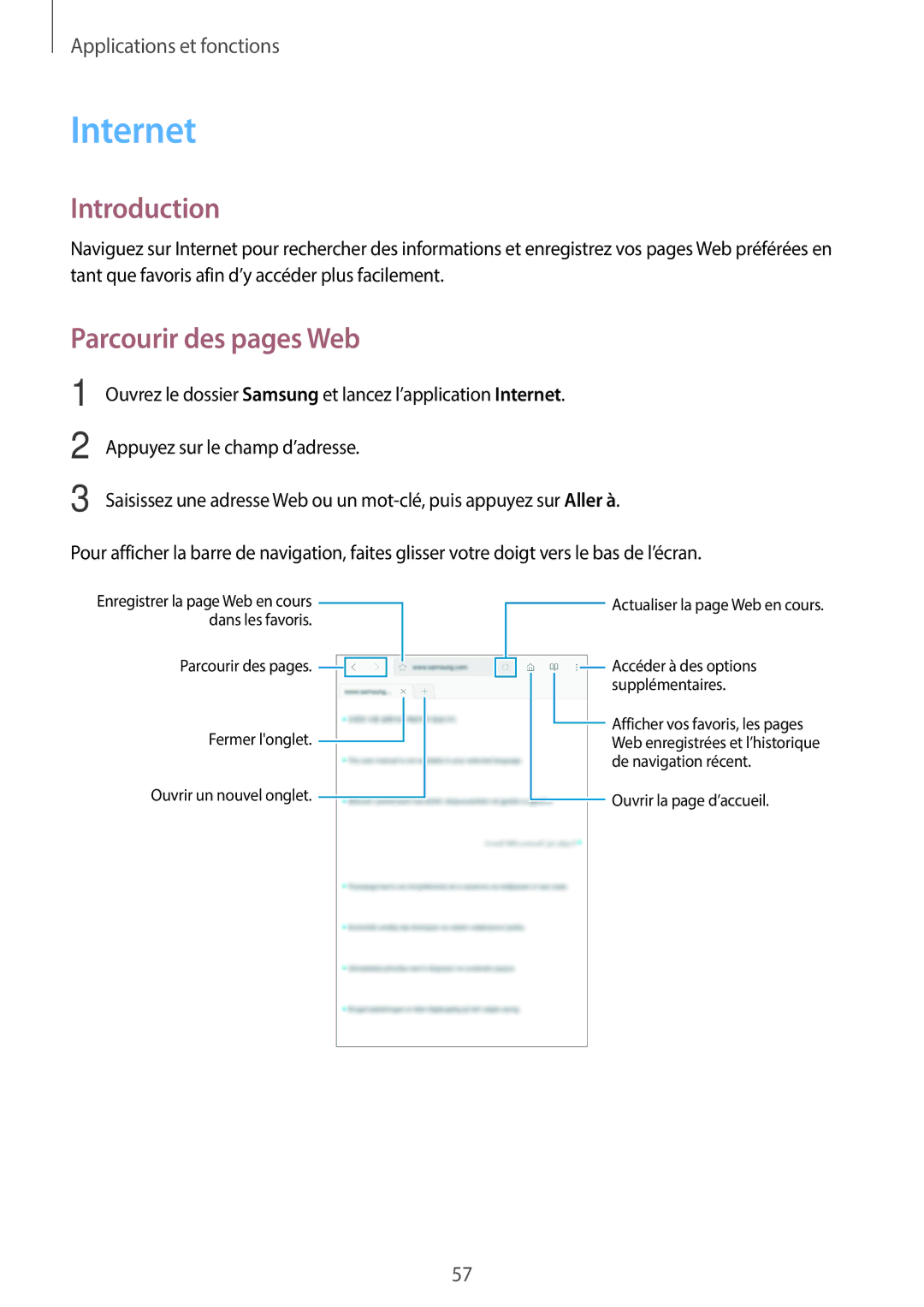 Samsung SM-T390NZKAXEF manual Internet, Parcourir des pages Web 